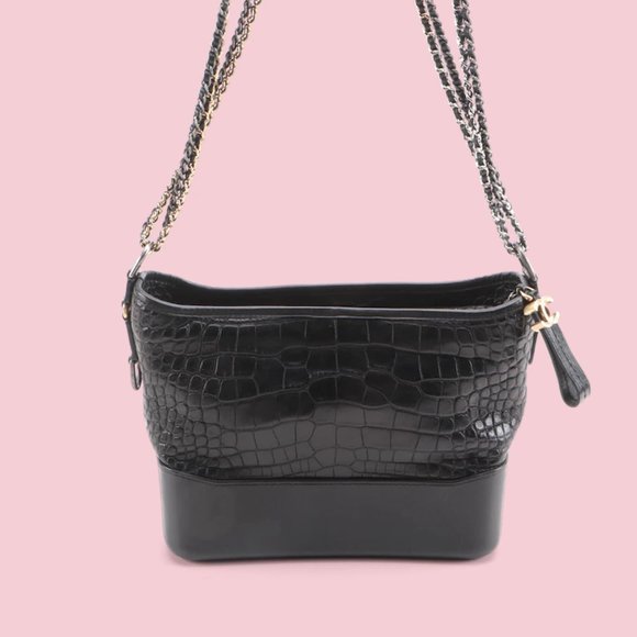 Chanel Large Gabrielle Hobo Crocodile Embossed Black Calfskin